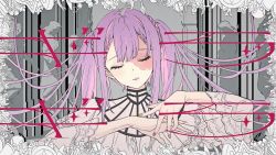 Rule 34 | 1girl, braid, closed eyes, commentary request, facing viewer, fingernails, framed, gira gira, highres, hololive, horns, kakage, long hair, long sleeves, multicolored nails, nail polish, official art, purple hair, scar, scar on face, second-party source, solo, song name, striped horns, tokoyami towa, virtual youtuber