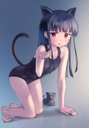 Rule 34 | 1girl, animal ears, arm support, barefoot, black cat, black one-piece swimsuit, blue hair, blunt bangs, blush, cat, cat ears, cat girl, cat tail, flat chest, full body, idolmaster, idolmaster cinderella girls, kawaseki, kneeling, long hair, looking at viewer, one-piece swimsuit, open mouth, paw pose, red eyes, sajo yukimi, solo, swimsuit, tail