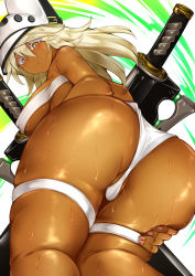 Rule 34 | 1girl, ass, bare shoulders, breasts, colored eyelashes, dark-skinned female, dark skin, from behind, from below, green background, guilty gear, hair between eyes, hand on own thigh, highres, large breasts, long hair, looking at viewer, looking down, makumaxu, parted lips, raised eyebrows, ramlethal valentine, shiny skin, skindentation, solo, sweat, sword, thigh strap, thighs, underboob, weapon, white background, white headwear, white legwear