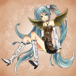 Rule 34 | 1girl, aqua eyes, aqua hair, bad id, bad pixiv id, bare shoulders, boots, choker, detached sleeves, female focus, full body, gradient background, hatsune miku, jewelry, knee boots, leg warmers, long hair, mechanical wings, necklace, ryusei (ryusei b), sitting, skirt, smile, solo, steampunk, twintails, very long hair, vocaloid, wings