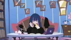 Rule 34 | 10s, 1girl, animated, animated gif, blue hair, colored inner hair, eating, food, foodgasm, heart, honekoneko (psg), lowres, multicolored hair, official style, panty &amp; stocking with garterbelt, pudding, screencap, solo, stocking (psg), trembling