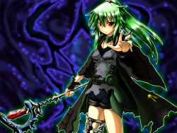 Rule 34 | 1girl, alternate color, alternate costume, bad id, bad pixiv id, bike shorts, blush, breasts, collar, dark persona, duel monster, green hair, hair ornament, jacket, jewelry, long hair, looking at viewer, omega na hito, pendant, ponytail, red eyes, solo, staff, torn clothes, winda priestess of gusto, wynnda miko of the gusta, yu-gi-oh!