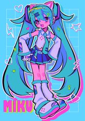 Rule 34 | 1girl, animal ears, blue necktie, blue skirt, blush, cat ears, character name, detached sleeves, fake animal ears, food-themed hair ornament, fortissimo, full body, gloves, hair ornament, hairclip, hatsune miku, headset, heart, highres, lightning bolt symbol, long hair, looking at viewer, menma (enaic31), midriff peek, musical note, musical note hair ornament, necktie, open mouth, pink eyes, pleated skirt, shirt, skirt, solo, star (symbol), twintails, very long hair, vocaloid, white footwear, white gloves, white leg warmers, white shirt