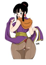 Rule 34 | 1girl, absurdres, ass, bare arms, black background, black eyes, black hair, breasts, butt crack, chi-chi (dragon ball), curvy, dragon ball, earrings, female focus, heart, highres, hip focus, jewelry, looking at viewer, looking back, panties, thick thighs, thighs, tongue, tongue out, toshiso (artist), underwear, wide hips