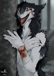Rule 34 | androgynous, bandages, blood, claws, fangs, furry, gender request, indoors, injury, open mouth, pillar, rain silves, sergal, signature, solo, trancy mick