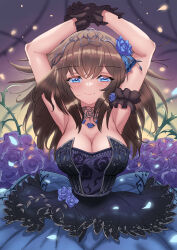Rule 34 | 1girl, armpits, arms up, black gloves, blue eyes, blush, breasts, brown hair, cleavage, dress, falling petals, flower, gloves, hair flower, hair ornament, highres, idolmaster, idolmaster cinderella girls, kantachi, large breasts, light smile, long hair, looking at viewer, own hands together, petals, sagisawa fumika, solo, straight hair, strapless, strapless dress