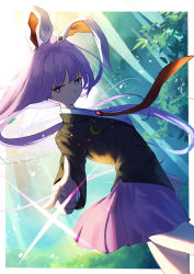 Rule 34 | 1girl, 38 (sanjuuhachi), animal ears, aqua eyes, blazer, border, closed mouth, collared shirt, from side, highres, jacket, light particles, light rays, long hair, long sleeves, looking at viewer, necktie, outdoors, pointing, pointing at viewer, purple hair, purple skirt, rabbit ears, red necktie, reisen udongein inaba, shade, shirt, skirt, solo, standing, touhou, white border, white shirt