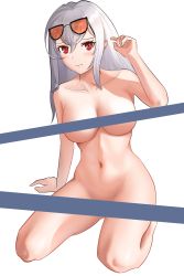 Rule 34 | 1girl, arknights, arm up, bare shoulders, blush, breasts, censored, censored nipples, closed mouth, collarbone, constantine-xii, eyewear on head, hair between eyes, hand on floor, highres, legs, long hair, looking at viewer, medium breasts, navel, no bra, no panties, red eyes, seiza, silver hair, sitting, skadi (arknights), solo, white background