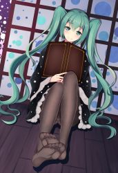 Rule 34 | 1girl, black pantyhose, book, dutch angle, feet, feet together, full body, green eyes, green hair, hatsune miku, highres, long hair, lucky keai, matching hair/eyes, no shoes, panties, panties under pantyhose, pantyhose, sitting, smile, soles, solo, striped clothes, striped panties, thighband pantyhose, toes, twintails, underwear, very long hair, vocaloid