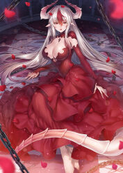 Rule 34 | 1girl, barefoot, breasts, bridal gauntlets, chain, checkered floor, cleavage, dragon girl, dragon horns, dragon tail, dress, droopy ears, falling petals, hagure keg, hair between eyes, highres, horns, in cage, jewelry, large breasts, long hair, looking at viewer, necklace, on floor, open mouth, original, petals, pointy ears, red dress, red eyes, red hair, rose petals, solo, tail, underboob, very long hair, white hair