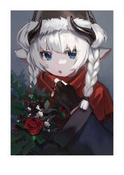 Rule 34 | 1girl, animal ears, black gloves, black hat, blue eyes, bouquet, braid, fingerless gloves, flower, gloves, goat ears, grey background, hand up, hat, highres, holding, holding flower, horns, long sleeves, looking at viewer, open mouth, original, parted lips, red flower, red scarf, rose, sarukichi, scarf, solo, twin braids, upper body, white flower, white hair