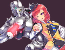 Rule 34 | 1girl, armor, breasts, commentary request, crossover, gatchu, glowing, glowing sword, glowing weapon, hat, heart, jojo no kimyou na bouken, jojo pose, long sleeves, looking at viewer, love live!, love live! school idol project, medium breasts, nishikino maki, one eye closed, open mouth, parody, purple eyes, rapier, red hair, short hair, silver chariot, simple background, skirt, stand (jojo), sunny day song, sword, vest, weapon, yellow eyes