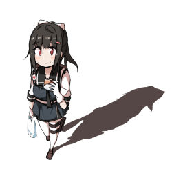 Rule 34 | 1girl, ac130, ahoge, bag, black hair, blush, breasts, brown footwear, carrying bag, commentary request, cross, eating, full body, girls&#039; frontline, gloves, gsh-18 (girls&#039; frontline), hair ornament, hair ribbon, hairclip, highres, loafers, looking at viewer, pantyhose, pouch, red cross, red eyes, ribbon, school uniform, shadow, shoes, short sleeves, sidelocks, solo, sweat, thigh pouch, white background, white gloves, white pantyhose