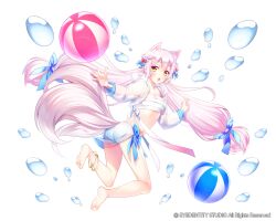 Rule 34 | 1girl, :o, animal ears, ass, ball, beachball, blue bow, bow, breasts, copyright notice, fox ears, fox girl, fox tail, hair bow, kai-ri-sei million arthur, kotepen 2nd, long hair, million arthur (series), multiple tails, navel, official art, outstretched arm, pink hair, simple background, solo, tail, twintails, white background, yellow eyes