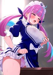 Rule 34 | 1girl, absurdres, ahoge, anchor symbol, blue hair, blush, braid, breasts, clothed masturbation, clothes lift, colored inner hair, crotch rub, dress, female masturbation, grabbing, grabbing own breast, hair ribbon, highres, hololive, kokemomo (makesound), large breasts, lifting own clothes, long hair, looking at viewer, maid headdress, masturbation, masturbation through clothes, minato aqua, minato aqua (1st costume), multicolored hair, nipple stimulation, nipple tweak, nipples, open mouth, panties, pink panties, purple eyes, purple hair, pussy juice, ribbon, short sleeves, solo, table, table humping, two-tone hair, underwear, virtual youtuber