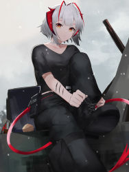 Rule 34 | 1girl, absurdres, arknights, demon girl, demon tail, eyebrows hidden by hair, grey hair, hair between eyes, hair ornament, hairclip, highres, looking at viewer, multicolored hair, official alternate costume, oni22, orange eyes, pants, putting on shoes, red hair, scar, shirt, short hair, sitting, snowing, solo, tail, w (arknights)