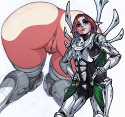 Rule 34 | 1girl, absurdres, anus, armor, ass, ass focus, closed mouth, eldar, elf, female pubic hair, green eyes, hands on own hips, highres, lewdanon, lips, looking at viewer, macha (warhammer), medium hair, multiple views, nude, orange hair, pointy ears, pubic hair, pussy, pussy juice, science fiction, simple background, warhammer 40k, white background