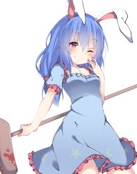 Rule 34 | 1girl, amashi (qcmrq906), animal ears, bad id, bad pixiv id, bare arms, blue dress, blue hair, breasts, rabbit ears, closed mouth, cowboy shot, dress, hand up, highres, holding, kine, long hair, looking at viewer, low-tied long hair, mallet, medium breasts, one eye closed, puffy short sleeves, puffy sleeves, red eyes, seiran (touhou), short dress, short sleeves, simple background, smile, solo, touhou, white background