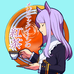 Rule 34 | 1girl, animal ears, ascot, black dress, black tea, blue ascot, character name, closed eyes, commentary, commentary request, cup, dress, frilled sleeves, frills, from side, holding, holding cup, holding saucer, horse ears, horse girl, long hair, long sleeves, maharu66, mejiro mcqueen (umamusume), parted lips, partial commentary, purple hair, saucer, solo, tea, teacup, translated, umamusume, upper body