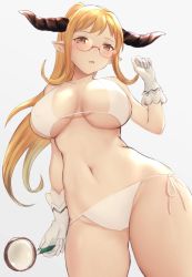 Rule 34 | 1girl, bare arms, bare shoulders, bikini, blonde hair, blush, breasts, contrapposto, covered erect nipples, glasses, gloves, gradient background, granblue fantasy, grey background, groin, hand up, holding, horns, large breasts, long hair, looking at viewer, magnifying glass, moshoko (mizuneroku), navel, pointy ears, red-framed eyewear, ribbon, sarya (granblue fantasy), semi-rimless eyewear, side-tie bikini bottom, solo, standing, stomach, string bikini, swimsuit, thighs, under-rim eyewear, underboob, white bikini, white gloves, white ribbon