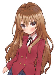 Rule 34 | 1girl, aisaka taiga, blue skirt, blush, brown eyes, brown hair, buttons, closed mouth, collared shirt, commentary request, hair between eyes, highres, jacket, long hair, mamu t7s, oohashi high school uniform, pleated skirt, red jacket, school uniform, shirt, simple background, skirt, solo, toradora!, white background, white shirt