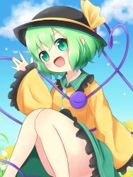 Rule 34 | 1girl, :d, black hat, blue sky, blush, bow, feet out of frame, flower, frilled shirt collar, frilled sleeves, frills, green eyes, green hair, green skirt, happy, hat, hat ribbon, heart, heart of string, highres, knees together feet apart, komeiji koishi, koruk700, long sleeves, looking at viewer, open mouth, ribbon, shirt, skirt, sky, smile, solo, third eye, touhou, wide sleeves, yellow bow, yellow ribbon, yellow shirt, ||/