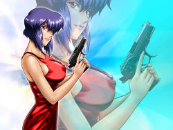 Rule 34 | 00s, 1girl, bare shoulders, breasts, dress, covered erect nipples, ghost in the shell, ghost in the shell stand alone complex, gun, kusanagi motoko, large breasts, lips, lipstick, makeup, purple hair, red eyes, short hair, solo, tomboy, wallpaper, weapon, yuusuke (ziyasu), zoom layer
