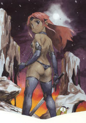 Rule 34 | 1girl, ass, blue eyes, blush, breasts, chain, collar, dark-skinned female, dark skin, elbow gloves, flat chest, from behind, gloves, long hair, looking back, panties, pink hair, red hair, satou toshiyuki, small breasts, snow, solo, sword, thighhighs, thong, torn clothes, torn thighhighs, underwear, weapon