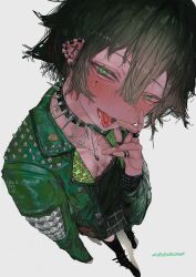Rule 34 | 1girl, absurdres, black footwear, black thighhighs, blush, boots, breasts, collar, ear piercing, from above, gaku, green eyes, green hair, green jacket, green shirt, green skirt, highres, jacket, jewelry, looking at viewer, mole, mole under eye, nose blush, original, piercing, ring, shirt, short hair, skirt, small breasts, solo, spiked collar, spikes, studded jacket, thighhighs, tongue, tongue out, tongue piercing, yellow nails