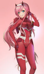Rule 34 | 10s, 1girl, bodysuit, breasts, breasts apart, covered navel, darling in the franxx, floating hair, gradient background, green eyes, grin, hair between eyes, hairband, hand in own hair, highres, horns, long hair, looking at viewer, medium breasts, pilot suit, pink background, pink hair, red bodysuit, smile, solo, standing, very long hair, white hairband, zero two (darling in the franxx)