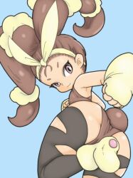 Rule 34 | 1girl, :3, armpits, bare shoulders, black thighhighs, blue background, brown hair, brown leotard, cameltoe, clenched hands, closed mouth, creatures (company), female focus, fingerless gloves, flat chest, forehead, from behind, from below, game freak, gen 4 pokemon, gloves, hair ornament, hair scrunchie, hairband, hand up, happy, humanization, leaning forward, leg up, leotard, long hair, looking at viewer, looking back, looking down, lopunny, mega lopunny, mega pokemon, multi-tied hair, nintendo, pink eyes, pokemon, rabbit ears, rabbit girl, rabbit tail, rokushi (pixiv 9965), scrunchie, simple background, smile, solo, standing, standing on one leg, thighhighs, torn clothes, torn thighhighs, twintails, v-shaped eyebrows, yellow gloves, yellow hairband, yellow scrunchie