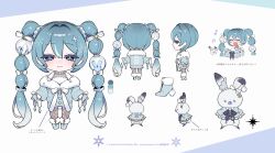 Rule 34 | 1girl, alternate design, blue eyes, blue hair, boots, bow, character sheet, coat, concept art, cross-laced coat, fur-trimmed boots, fur-trimmed coat, fur trim, hair bow, hair ornament, hatsune miku, highres, icicle, jewelry, long hair, long sleeves, multicolored hair, multiple hair bows, necklace, ohisashiburi, pantyhose, pearl necklace, polaris (star), pom pom (clothes), rabbit, rabbit tail, rabbit yukine, smile, snow globe, snowflakes, star (symbol), star hair ornament, tail, tareme, twintails, two-tone hair, very long hair, vocaloid, webp-to-png conversion, white background, white pantyhose, yuki miku, yuki miku (2025) (applicant)