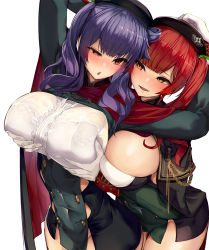 Rule 34 | 2girls, aiguillette, arms behind head, azur lane, beret, black headwear, blush, bra visible through clothes, breasts, brown eyes, cape, covered navel, framed breasts, gloves, grabbing, grabbing another&#039;s breast, grabbing from behind, groping, hat, highres, huge breasts, incest, long hair, long sleeves, looking at another, multiple girls, open mouth, pola (azur lane), purple hair, red eyes, red hair, satou daiji, see-through, siblings, side ponytail, sidelocks, simple background, sisters, skindentation, smile, standing, twintails, white background, white gloves, yuri, zara (azur lane)