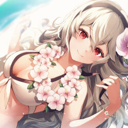 Rule 34 | 1girl, beach, bikini, black hairband, blurry, blurry background, bracelet, corrin (female) (fire emblem), corrin (female) (summer) (fire emblem), corrin (fire emblem), fire emblem, fire emblem fates, fire emblem heroes, flower, flower necklace, hairband, hibiscus, highres, jewelry, lei, looking at viewer, lying, nakabayashi zun, necklace, nintendo, official alternate costume, on back, red eyes, smile, solo, swimsuit, white bikini, white hair