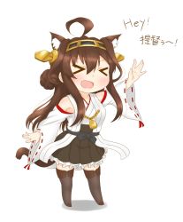 Rule 34 | &gt; &lt;, 10s, 1girl, ahoge, animal ears, bare shoulders, blush, brown hair, cat ears, detached sleeves, double bun, closed eyes, hairband, headgear, highres, japanese clothes, kantai collection, kemonomimi mode, kongou (kancolle), kyounami, long hair, nontraditional miko, open mouth, pleated skirt, skirt, solo, thighhighs, waving, zettai ryouiki