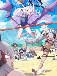 Rule 34 | 6+girls, ahoge, ako (blue archive), animal ears, armpits, ball, bare shoulders, beach, beach volleyball, bikini, black bikini, black hair, black one-piece swimsuit, blue archive, blue hair, blue one-piece swimsuit, blush, breasts, brown hair, cat ears, cheering, competition swimsuit, covered navel, dark-skinned female, dark skin, demon horns, demon tail, demon wings, eyewear on head, fox ears, fox girl, fox tail, frilled bikini, frilled one-piece swimsuit, frills, grey hair, groin, hair ornament, hair over one eye, hairclip, halo, highres, hina (blue archive), hina (swimsuit) (blue archive), horns, hoshino (blue archive), hoshino (swimsuit) (blue archive), inflatable toy, inflatable whale, iori (blue archive), iori (swimsuit) (blue archive), izuna (blue archive), izuna (swimsuit) (blue archive), large breasts, long hair, makoto (blue archive), medium breasts, miyako (blue archive), miyako (swimsuit) (blue archive), mosuke1221, multiple girls, navel, off-shoulder one-piece swimsuit, off shoulder, official alternate costume, old school swimsuit, one-piece swimsuit, open mouth, outdoors, parted bangs, pink hair, playing sports, pointy ears, ponytail, purple eyes, red eyes, scarf, school swimsuit, serika (blue archive), serika (swimsuit) (blue archive), shiroko (blue archive), shiroko (swimsuit) (blue archive), shorts, sitting, small breasts, striped bikini, striped clothes, swimsuit, tail, thigh strap, thighs, twintails, very long hair, visor cap, volleyball, volleyball (object), whistle, whistle around neck, white bikini, white hair, wings, wolf ears, yellow eyes