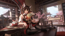 Rule 34 | 1girl, animal ears, architecture, black pantyhose, black shirt, blue sky, breasts, brown hair, cherry blossoms, day, east asian architecture, fox ears, fox girl, green eyes, hair between eyes, highres, honkai: star rail, honkai (series), indoors, legs, ling dianxia, long hair, multicolored hair, no shoes, paid reward available, pantyhose, ponytail, red hair, shirt, sky, small breasts, solo, streaked hair, tingyun (honkai: star rail), toes
