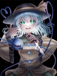 Rule 34 | 1girl, :d, aqua hair, black background, black hat, commentary request, frilled shirt collar, frills, glint, green eyes, green skirt, hair between eyes, hand up, hat, hat ribbon, heart, heart of string, holding, holding knife, knife, komeiji koishi, long sleeves, looking at viewer, medium hair, open mouth, ribbon, shirt, simple background, skirt, smile, solo, stitches, sumishiro 8070, teeth, third eye, touhou, upper body, upper teeth only, wide sleeves, yellow ribbon, yellow shirt