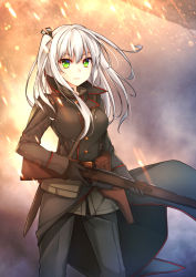 Rule 34 | 1girl, battlefield (series), battlefield 1, belt pouch, black gloves, coat, cowboy shot, gloves, green eyes, gun, hair ribbon, healther, highres, holster, long hair, looking at viewer, one side up, original, pouch, ribbon, rifle, serious, solo, sparks, weapon, white hair, world war i