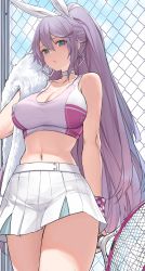 Rule 34 | 1girl, :o, absurdres, against fence, alternate costume, azur lane, bare shoulders, blue eyes, blush, breasts, bremerton (azur lane), bremerton (azur lane) (cosplay), bremerton (scorching-hot training) (azur lane), chain-link fence, cleavage, collarbone, cosplay, dishwasher1910, fence, from below, hair ribbon, high ponytail, highres, holding, holding racket, holding towel, intrepid (azur lane), large breasts, long hair, looking at viewer, looking down, midriff, navel, pleated skirt, ponytail, purple hair, racket, ribbon, skirt, solo, sports bra, sweat, tennis racket, towel, very long hair, white ribbon, white skirt, wiping face