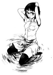 Rule 34 | 1girl, absurdres, armpit peek, commentary, copyright request, crosshatching, dress, glasses, greyscale, hand on own head, hatching (texture), highres, monochrome, nakahara kaihei, nakahara keihei, reflective floor, ripples, short sleeves, solo, tears, thighhighs, toes, watch, water