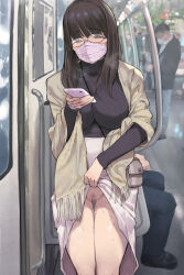 Rule 34 | 1girl, absurdres, bag, between breasts, black eyes, black hair, black sweater, blunt bangs, blush, breasts, cellphone, censored, chijo, clothes lift, exhibitionism, female pervert, female pubic hair, glasses, groin, highres, holding, holding phone, large breasts, lifting own clothes, long hair, long sleeves, looking at viewer, mask, mosaic censoring, no panties, original, pervert, phone, photo background, pubic hair, public indecency, pussy, pussy juice, shawl, shoulder bag, skirt, skirt lift, smartphone, sparse pubic hair, strap between breasts, sweat, sweater, turtleneck, turtleneck sweater, white skirt, yomoda yomo