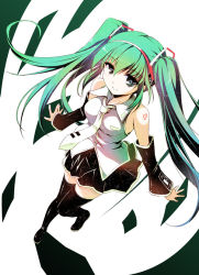 Rule 34 | 1girl, aqua hair, bare shoulders, blue eyes, breasts, detached sleeves, female focus, foreshortening, full body, hatsune miku, long hair, necktie, ryoumoto ken, skirt, solo, standing, standing on one leg, tattoo, thighhighs, twintails, vocaloid, white background, zettai ryouiki