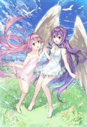 Rule 34 | 2girls, angel wings, bad id, bad twitter id, barefoot, bird, blue eyes, character request, cloud, day, dress, grass, holding hands, knees together feet apart, long hair, multiple girls, open mouth, outdoors, outstretched arms, pink dress, pink eyes, pink hair, purple hair, see-through silhouette, sky, smile, standing, standing on one leg, sundress, very long hair, weee (raemz), white dress, wind, wind lift, wings