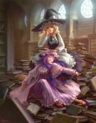 Rule 34 | 2girls, bad id, bad pixiv id, blonde hair, book, bookshelf, braid, buttons, dress, closed eyes, female focus, hair ribbon, hat, highres, kirisame marisa, library, long hair, multiple girls, patchouli knowledge, purple hair, ribbon, ryoko (halloween1), shade, sleeping, too many, too many books, touhou, voile, window, witch, witch hat, yellow eyes