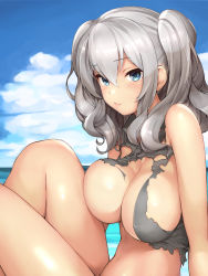 Rule 34 | 1girl, bad id, bad nicoseiga id, blue eyes, blush, breasts, closed mouth, cloud, day, grey shirt, hair between eyes, highres, kantai collection, kashima (kancolle), large breasts, lips, long hair, looking at viewer, navel, ocean, shirt, siesta (artist), silver hair, sitting, sky, solo, torn clothes, torn shirt, twintails, wavy hair