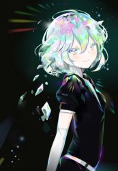 Rule 34 | androgynous, binan xian lu, black background, blush, closed mouth, diamond (houseki no kuni), gender request, houseki no kuni, looking at viewer, multicolored eyes, multicolored hair, puffy short sleeves, puffy sleeves, short hair, short sleeves, simple background, smile, solo