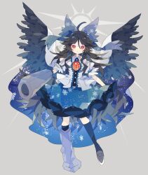 Rule 34 | 1girl, absurdres, ahoge, arm cannon, bird wings, black footwear, black hair, black socks, black wings, bow, buttons, center frills, closed mouth, collared shirt, feathered wings, frilled skirt, frills, full body, green bow, green skirt, grey background, hair bow, highres, kneehighs, long hair, looking at viewer, nikorashi-ka, red eyes, reiuji utsuho, shirt, shoes, short sleeves, simple background, skirt, snowflake print, socks, solo, third eye, touhou, weapon, white shirt, wings