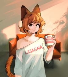 Rule 34 | 1girl, absurdres, animal ears, blush, breasts, brown hair, cat ears, cat girl, cat tail, closed mouth, clothes writing, coffee mug, collarbone, couch, cup, english text, garfield, garfield (character), genderswap, genderswap (mtf), green eyes, highres, holding, holding cup, kumaartsu, looking at viewer, medium breasts, mug, mug writing, off-shoulder shirt, off shoulder, orange hair, personification, shirt, short hair, smile, solo, tail, teabag, white shirt