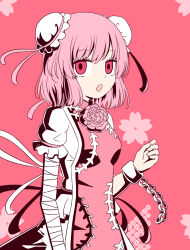 Rule 34 | 1girl, :o, bandaged arm, bandages, bun cover, cuffs, double bun, floral background, flower, hair bun, highres, ibaraki kasen, looking at viewer, open mouth, pink background, pink eyes, pink flower, pink hair, pink rose, pink theme, rose, rozugadena, shackles, short hair, short sleeves, solo, tabard, touhou